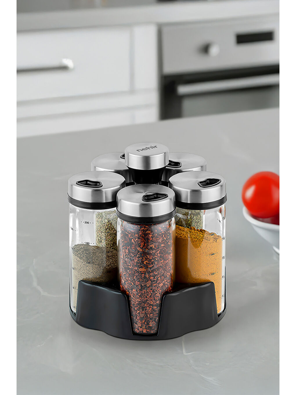 Renksiz 6 Parça Borosilikat Döner Standlı Baharatlık Seti
