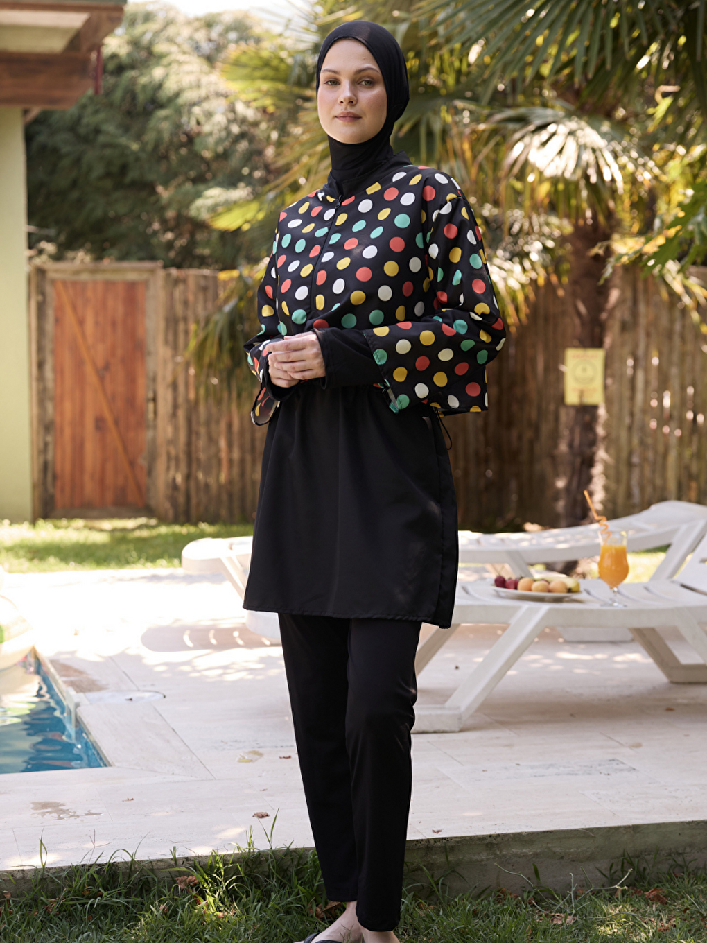 Yeşil Kadın Tesettür Colour Pop Baskılı Tam Kapalı 3 Parça Mayo Takımı-4