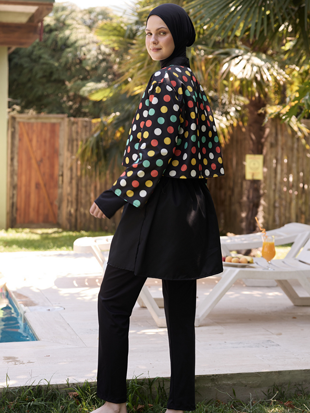 Yeşil Kadın Tesettür Colour Pop Baskılı Tam Kapalı 3 Parça Mayo Takımı-5