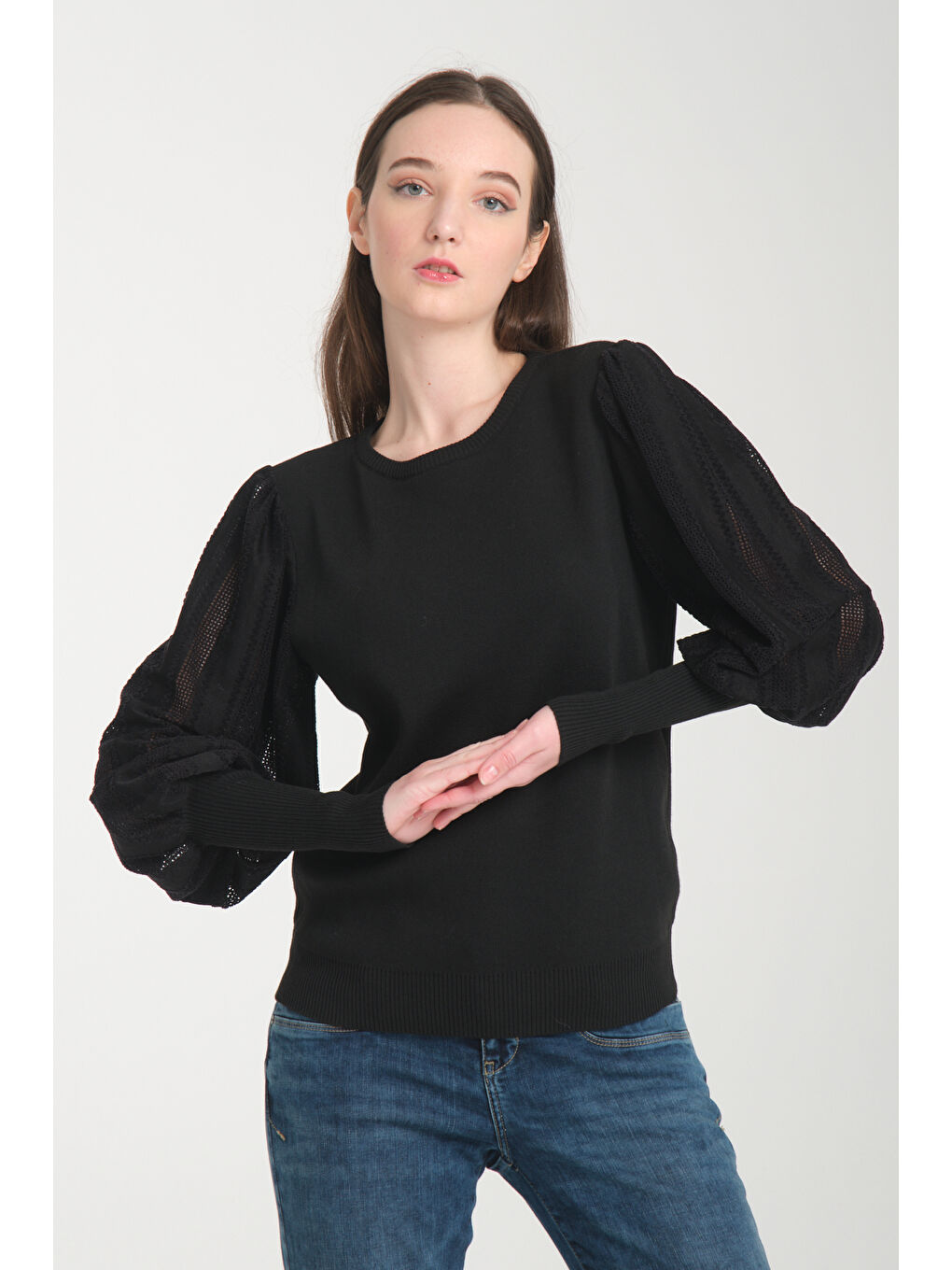 Siyah Kadın Kolu Dantenli Bluz 7292