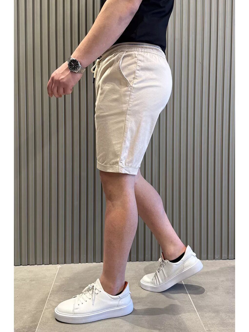 Bej Duble Paça Erkek Şort-1
