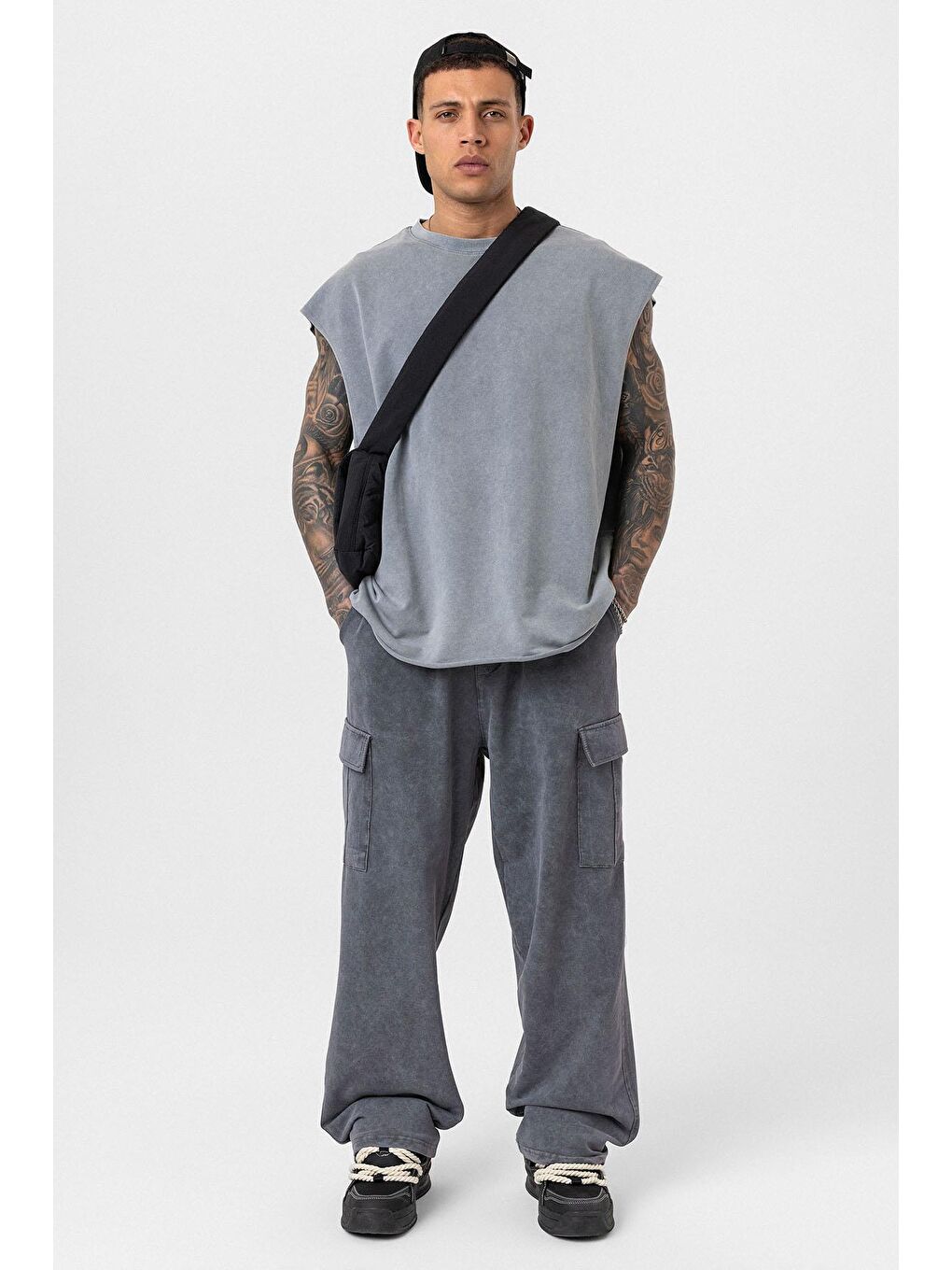 Gri Yıkamalı Kargo Cepli Baggy Eşofman Alt Füme