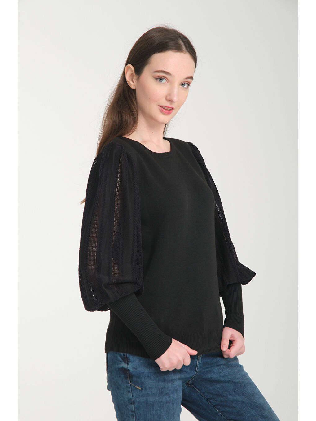 Siyah Kadın Kolu Dantenli Bluz 7292-4