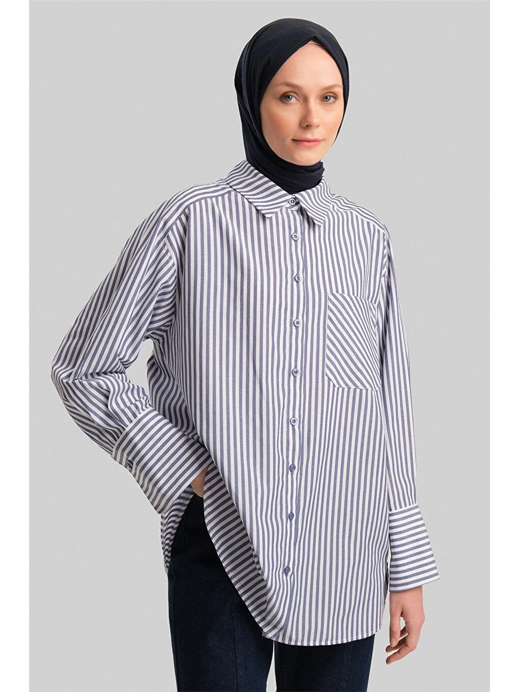 Kalın Çizgili Gömlek Ort3440-1 Lacivert