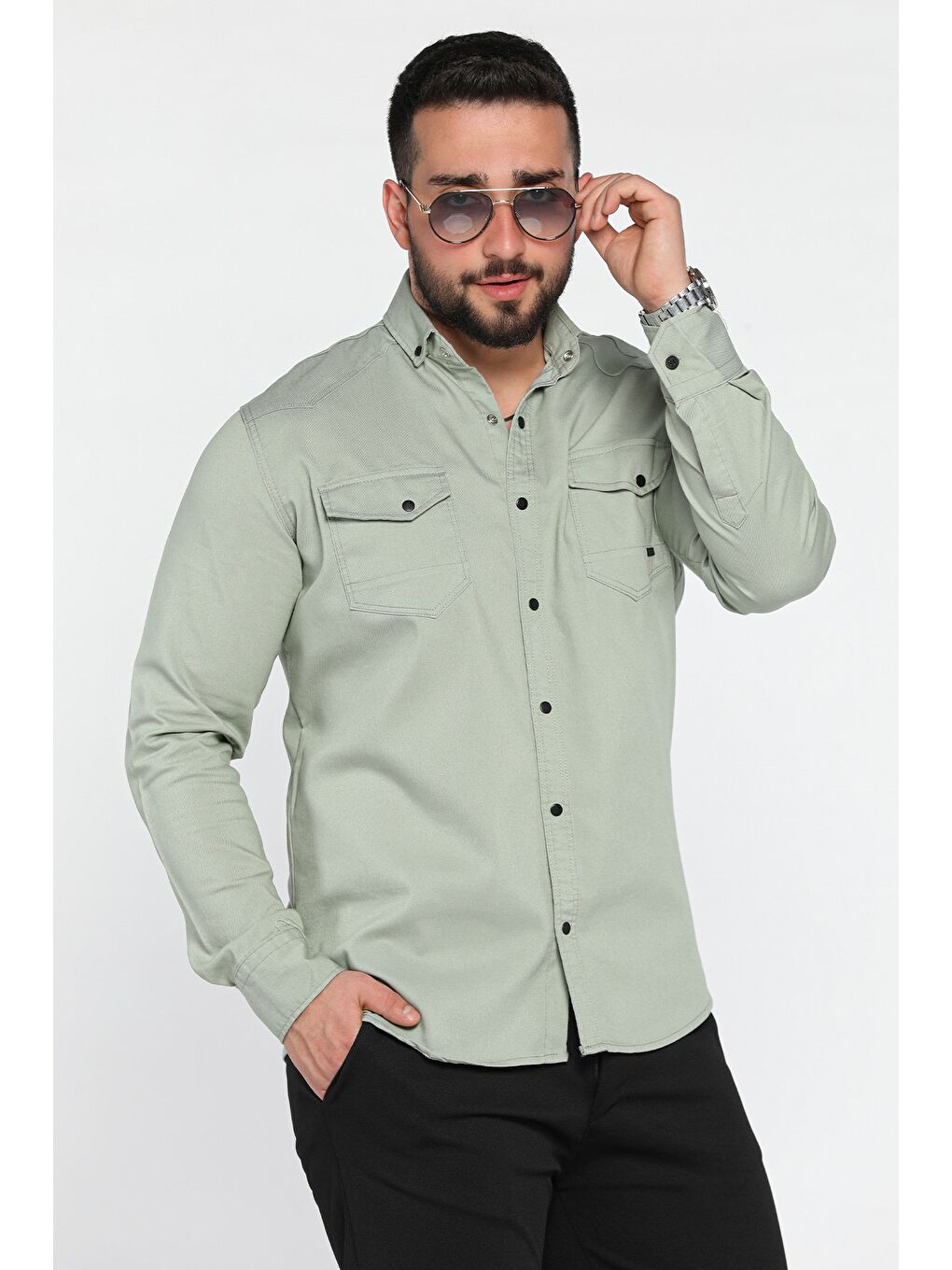 Yeşil Erkek Cepli Çıtçıtlı Uzun Kol Gömlek-1
