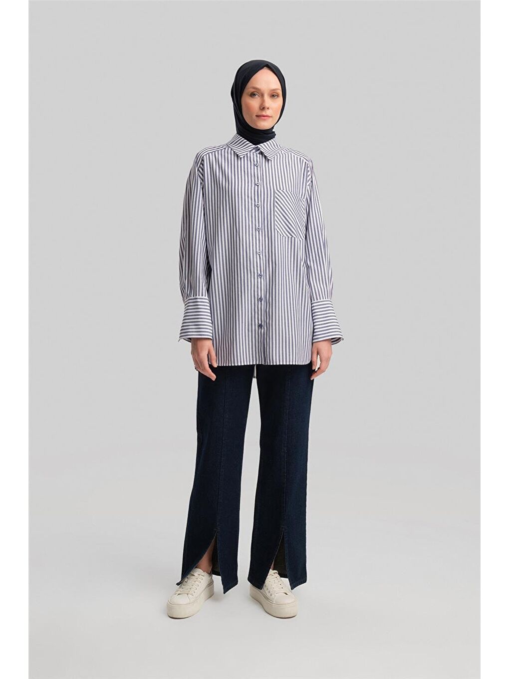 Kalın Çizgili Gömlek Ort3440-1 Lacivert-1