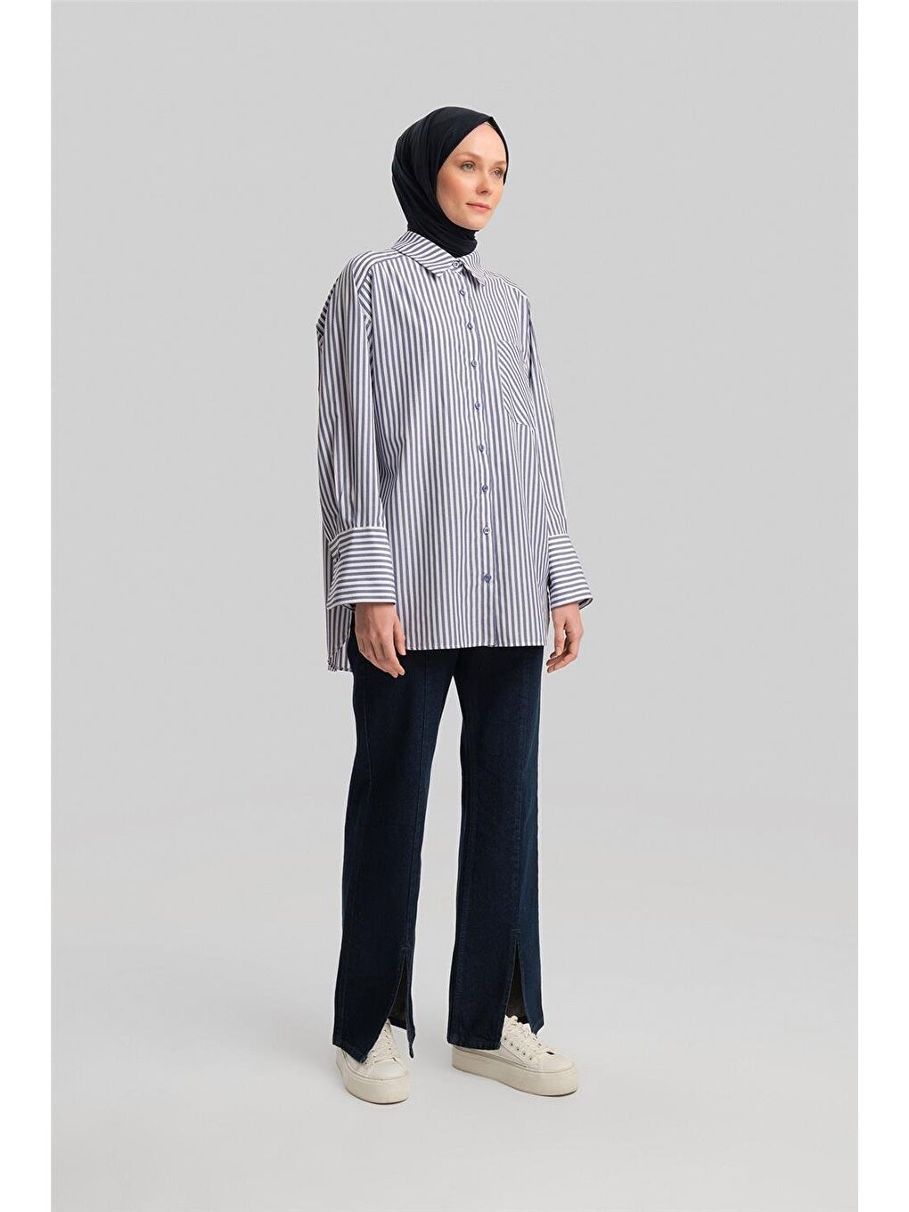 Kalın Çizgili Gömlek Ort3440-1 Lacivert-2