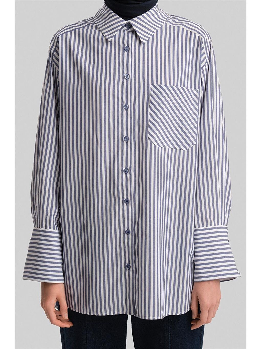 Kalın Çizgili Gömlek Ort3440-1 Lacivert-4