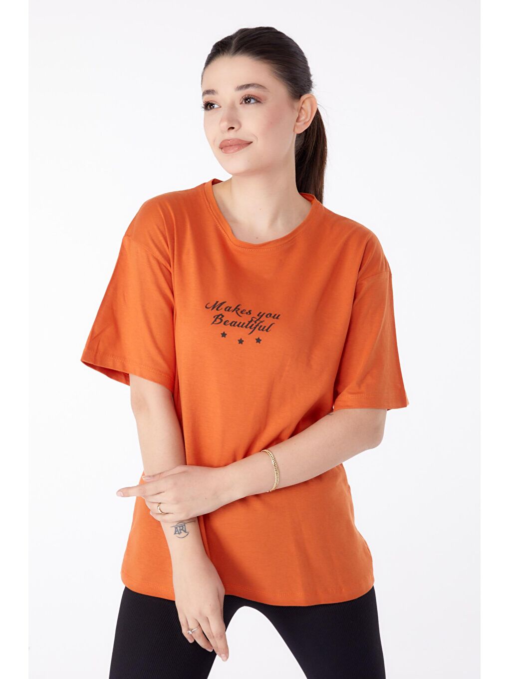 TOFİSA Turuncu Düz Bisiklet Yaka Kadın Turuncu Baskılı Kısa Kollu T-Shirt  - 25393 - 1