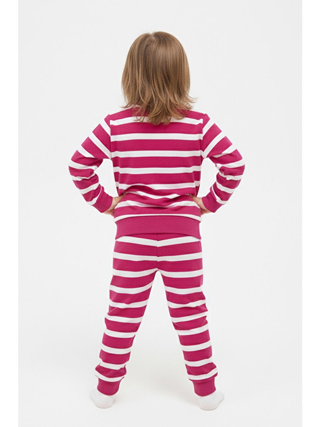 Kız Çocuk Fuşya Çizgili Nakışlı İki İplik İkili Takım - 27976-FUSYA-1