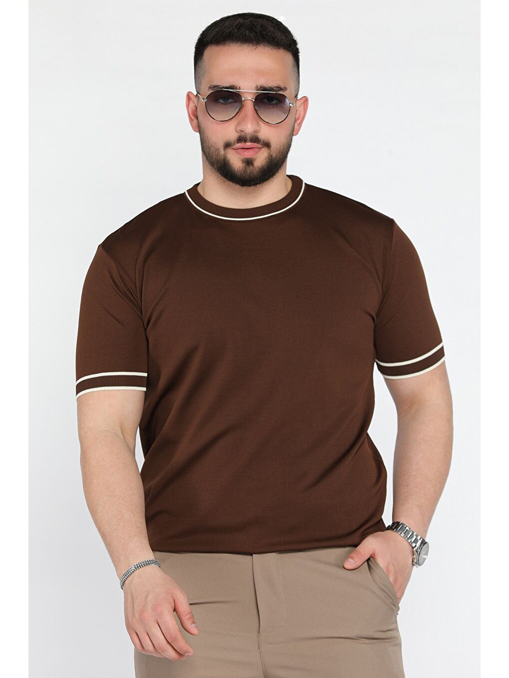 Kahverengi Bisiklet Yaka Erkek Triko Tişört