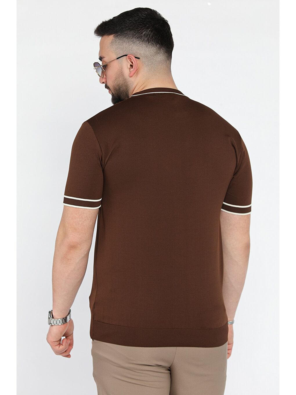 Kahverengi Bisiklet Yaka Erkek Triko Tişört-2