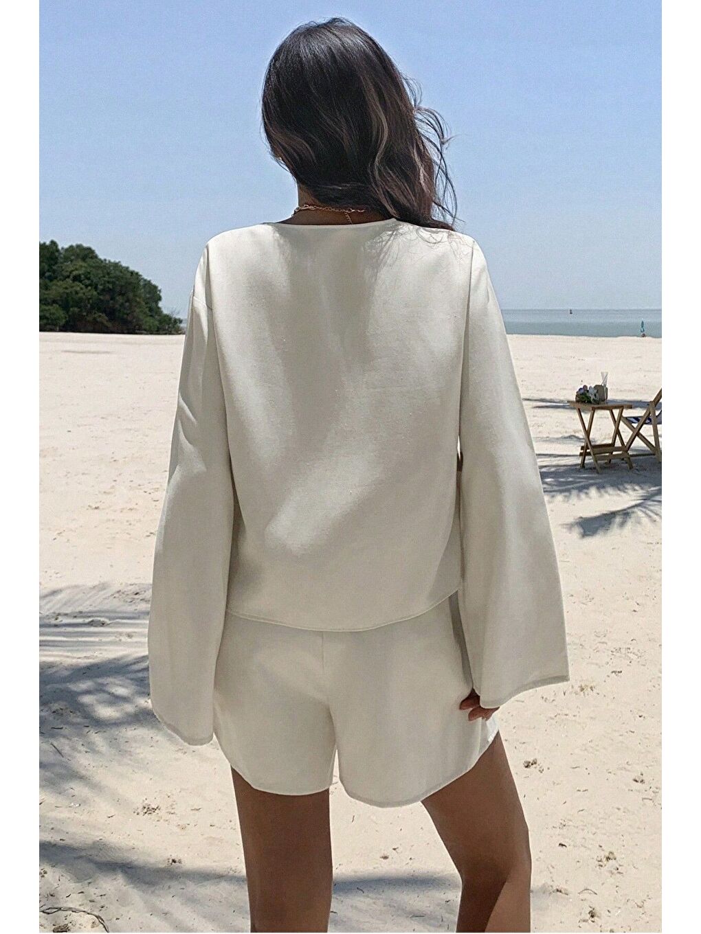 Kadın Bej Bağlama Detaylı Aerobin Uzun Kollu Gömlek Şort Takım-1