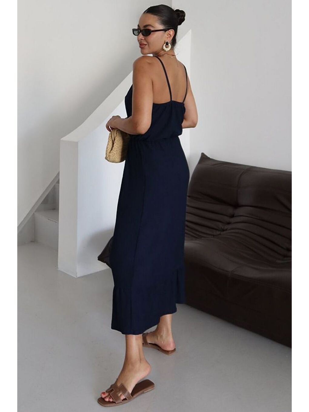 Kadın Lacivert Askılı Kruvaze Maxi Boy Krinkıl Elbise-3