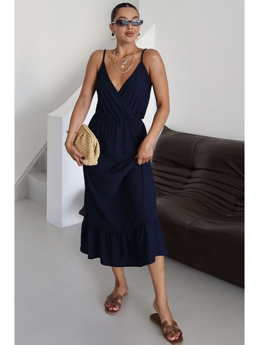 Kadın Lacivert Askılı Kruvaze Maxi Boy Krinkıl Elbise-4