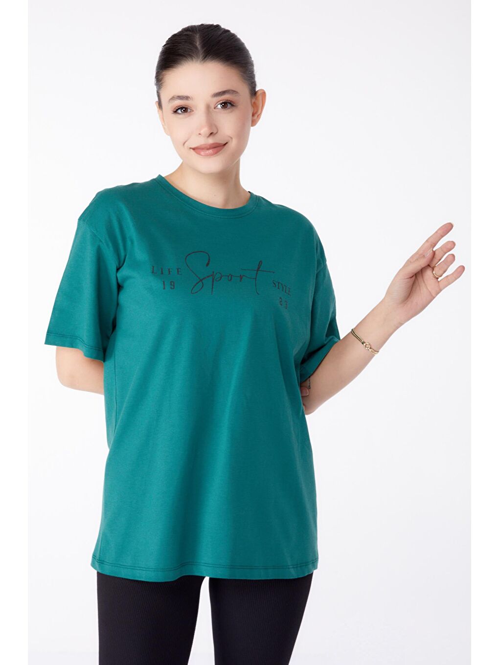 TOFİSA Yeşil Düz Bisiklet Yaka Kadın Yeşil Baskılı Kısa Kollu T-Shirt  - 25390 - 1