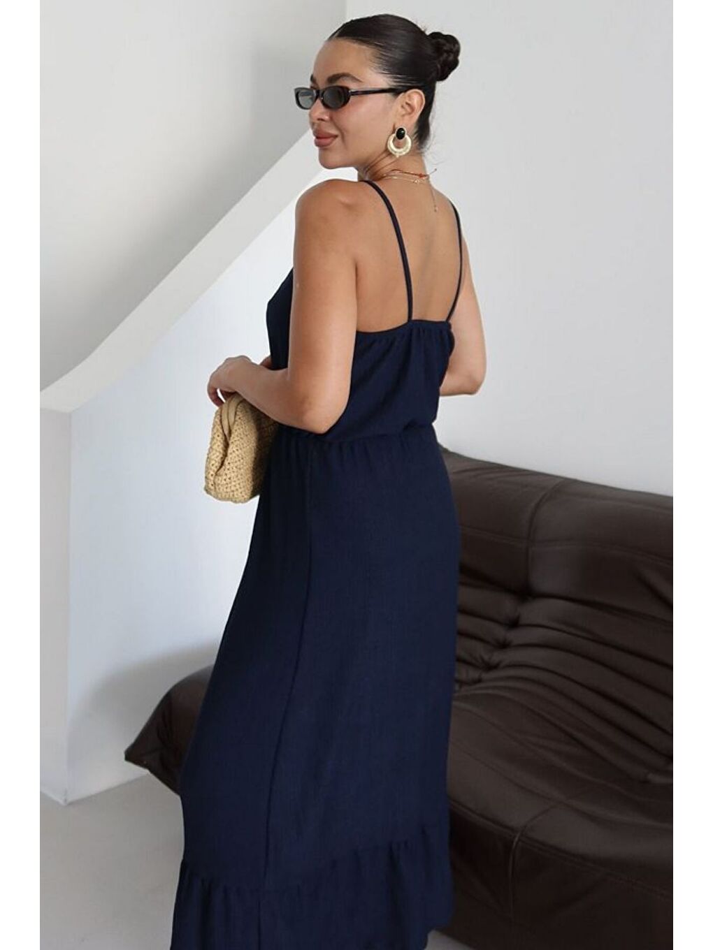 Kadın Lacivert Askılı Kruvaze Maxi Boy Krinkıl Elbise-6