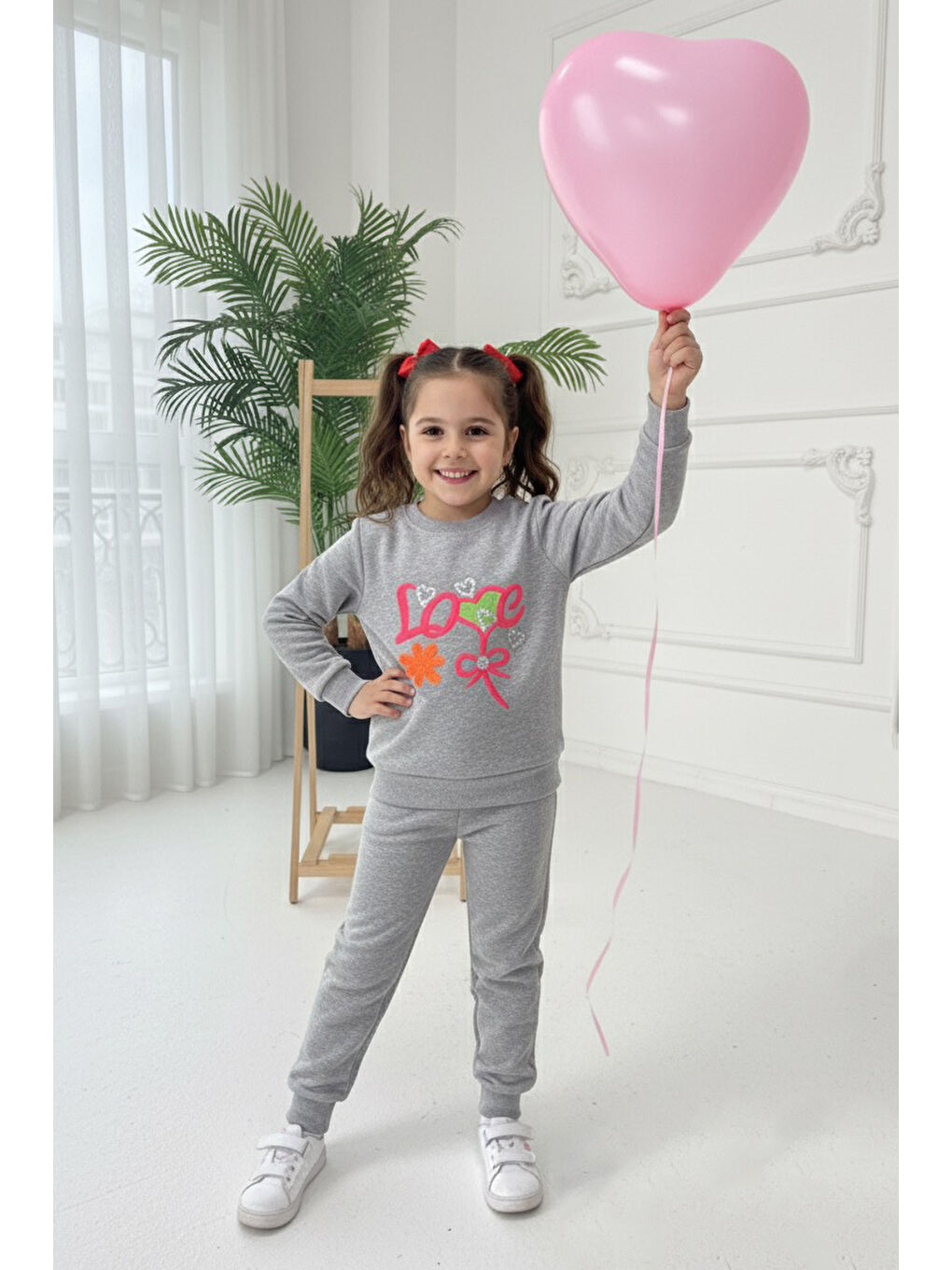 Kız Çocuk Gri Nakışlı İki İplik İkili Takım - 27971-GRI