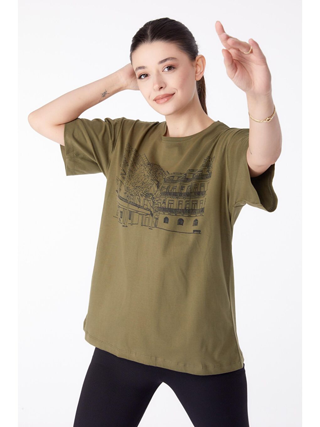 TOFİSA Haki Düz Bisiklet Yaka Kadın Haki Baskılı Kısa Kollu T-Shirt  - 25389