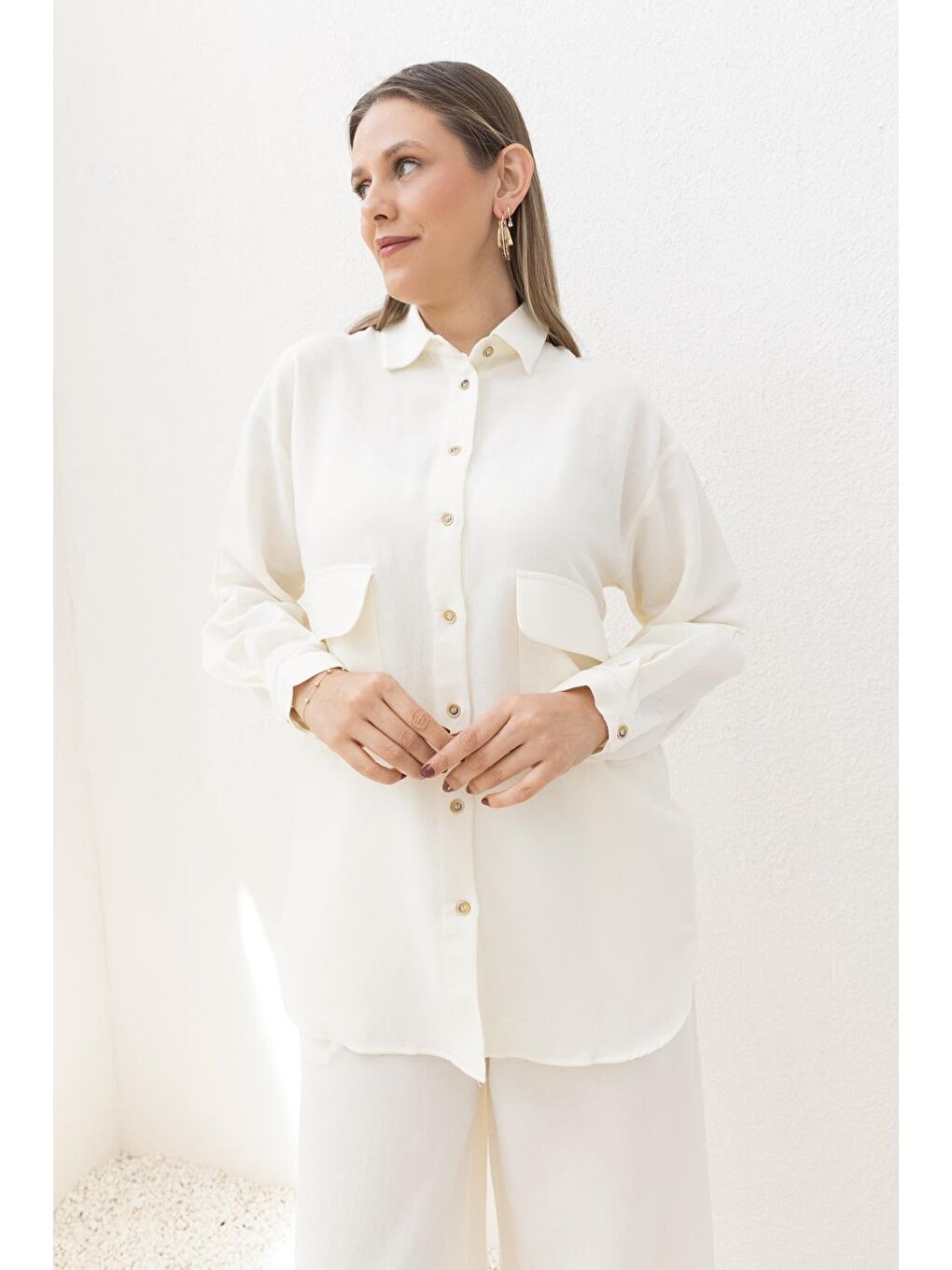 Ekru-Büyük Cepli Keten Pantolonlu Takım-2