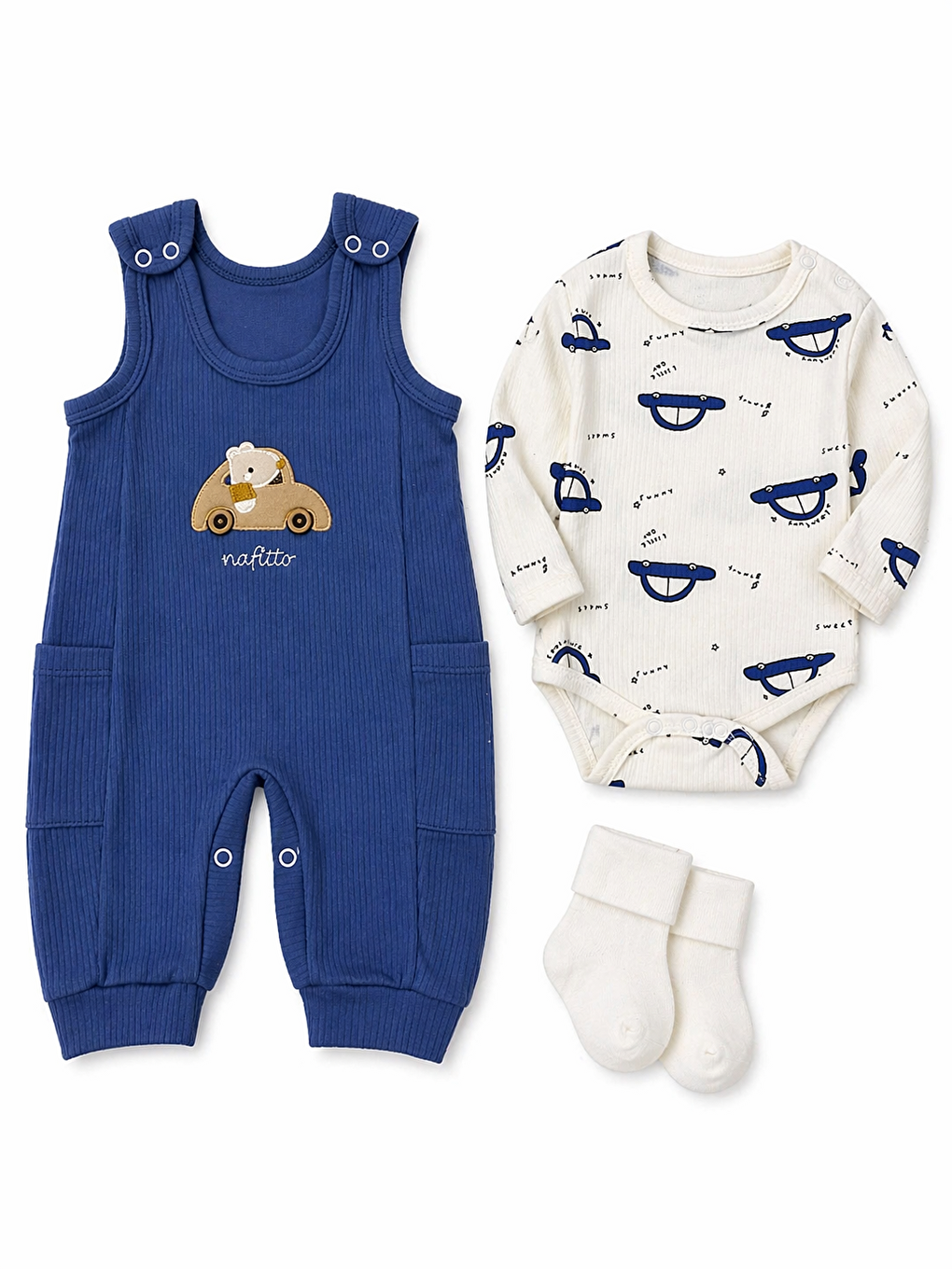 Bej Erkek Bebek Mevsimlik Arabalı 3lü Takım Salopet Çıtçıtlı Body Çorap Dahil-1