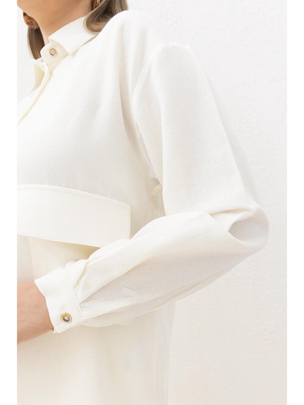 Ekru-Büyük Cepli Keten Pantolonlu Takım-3