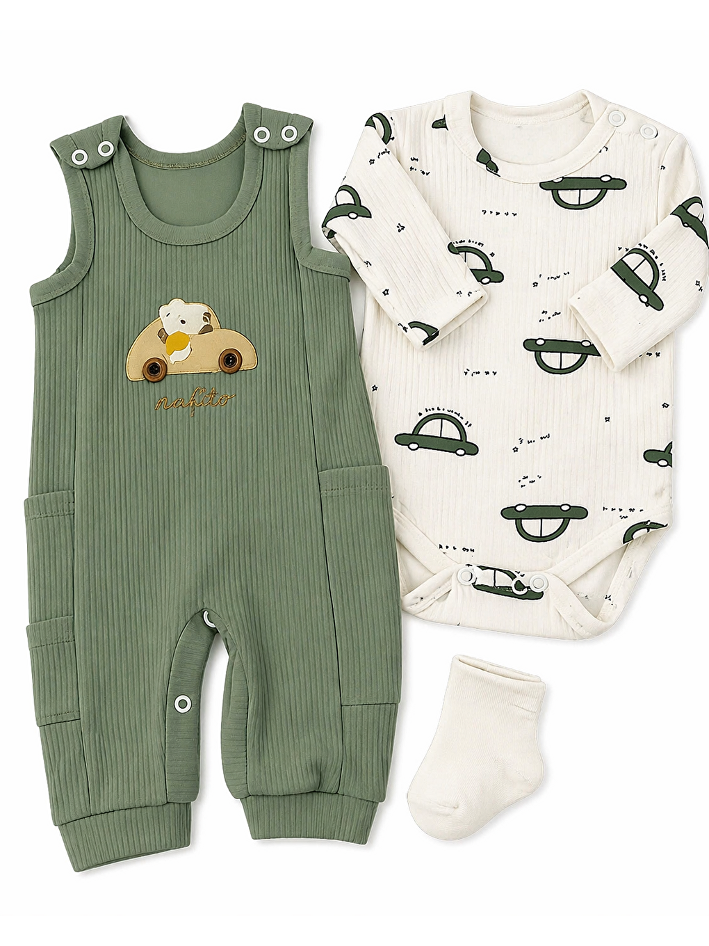 Bej Erkek Bebek Mevsimlik Arabalı 3lü Takım Salopet Çıtçıtlı Body Çorap Dahil-1
