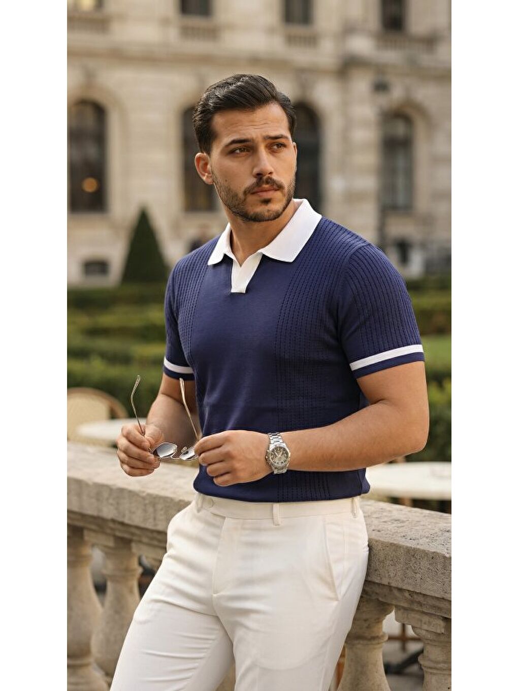 Lacivert Erkek Renkli Yakalı File Desenli Kısa Kollu Tişört