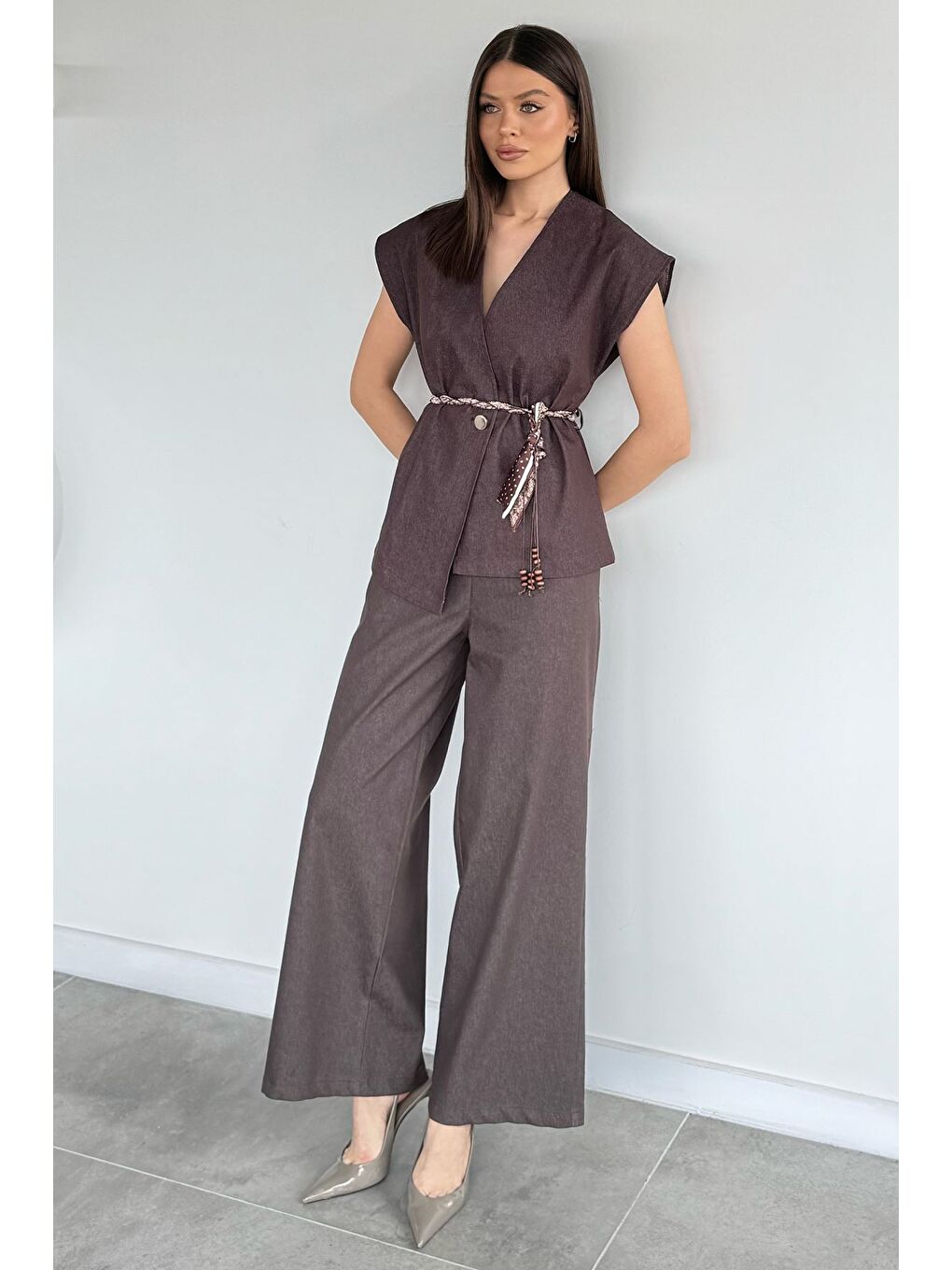 Kahverengi Kadın Saten Kemerli Jean Jean Yelek Bel Lastikli Pantolon İkili Takım