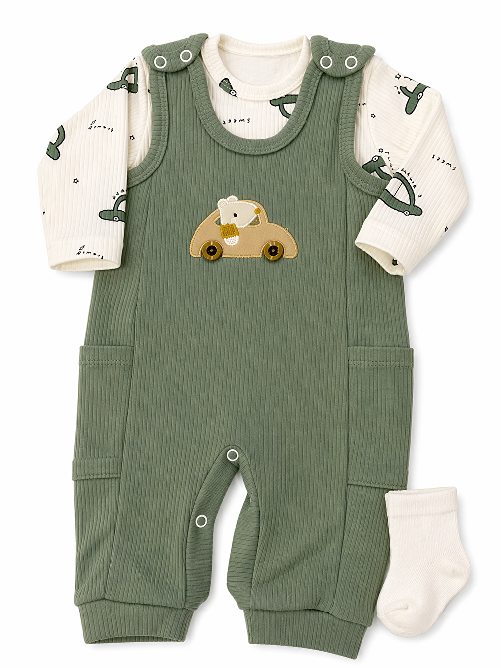 Bej Erkek Bebek Mevsimlik Arabalı 3lü Takım Salopet Çıtçıtlı Body Çorap Dahil-2