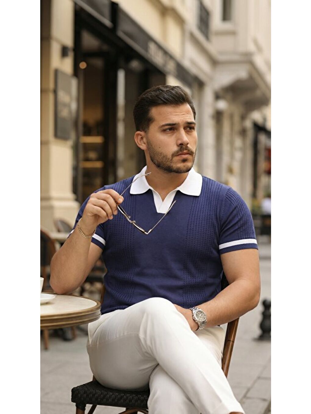 Lacivert Erkek Renkli Yakalı File Desenli Kısa Kollu Tişört-1