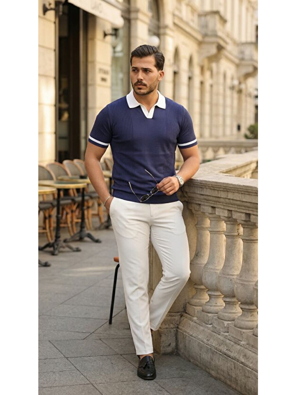 Lacivert Erkek Renkli Yakalı File Desenli Kısa Kollu Tişört-2