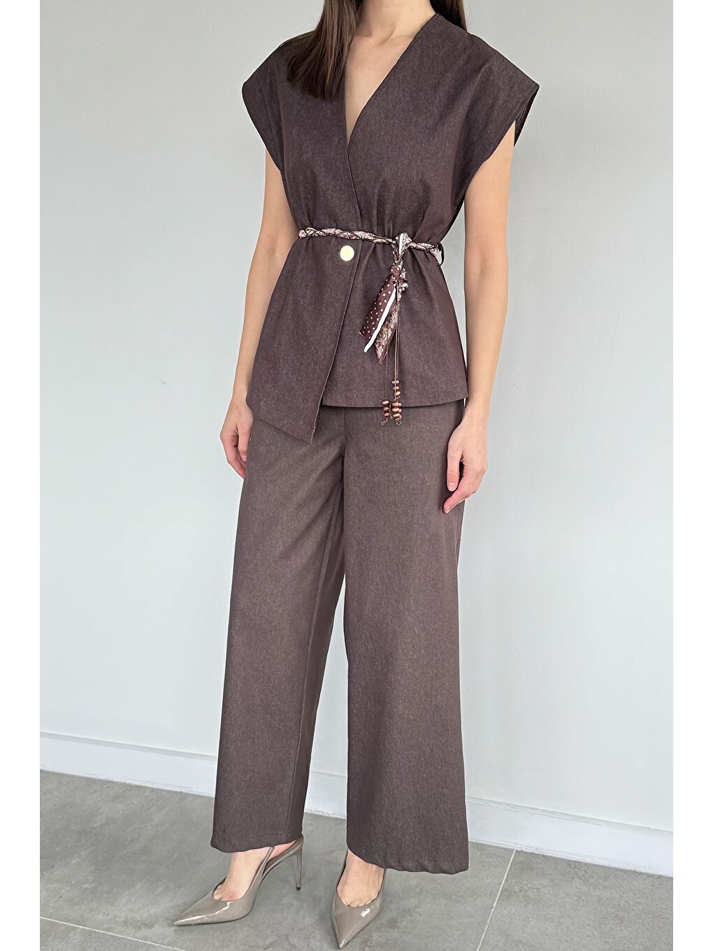 Kahverengi Kadın Saten Kemerli Jean Jean Yelek Bel Lastikli Pantolon İkili Takım-1