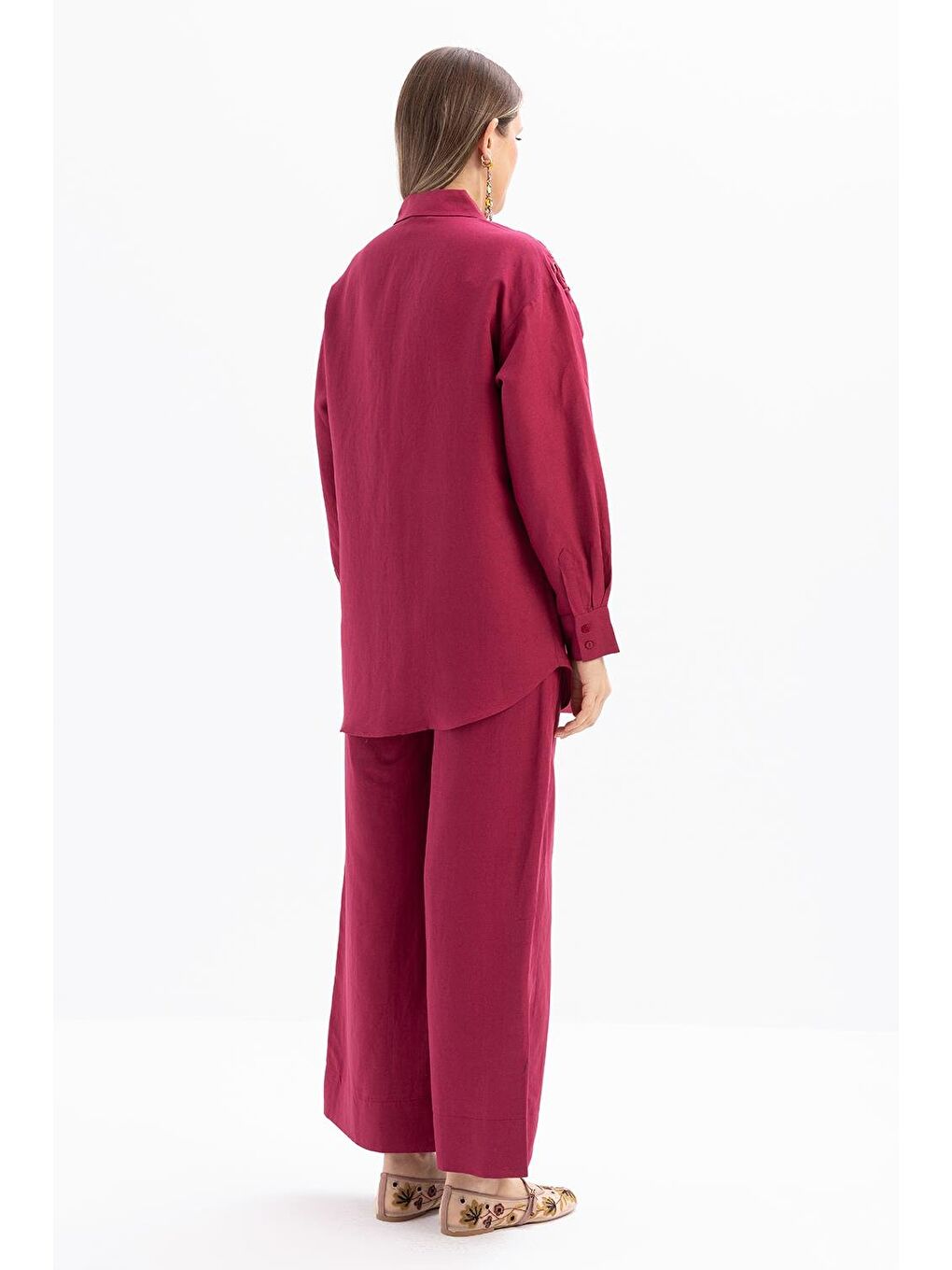 Fuşya Vişne-Nakış Detaylı Keten Pantolonlu Takım-2