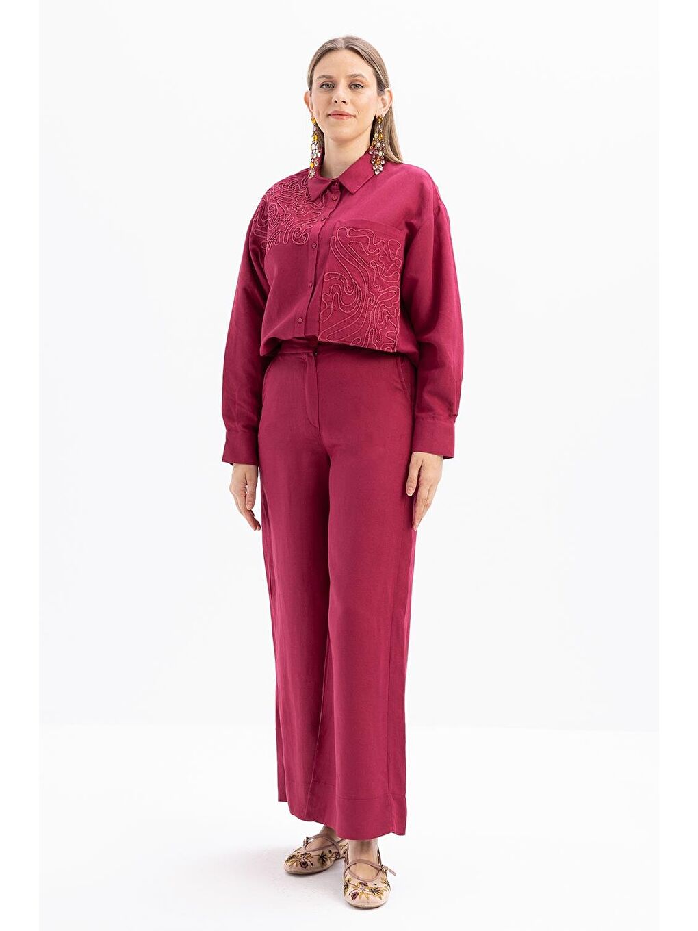 Fuşya Vişne-Nakış Detaylı Keten Pantolonlu Takım-3