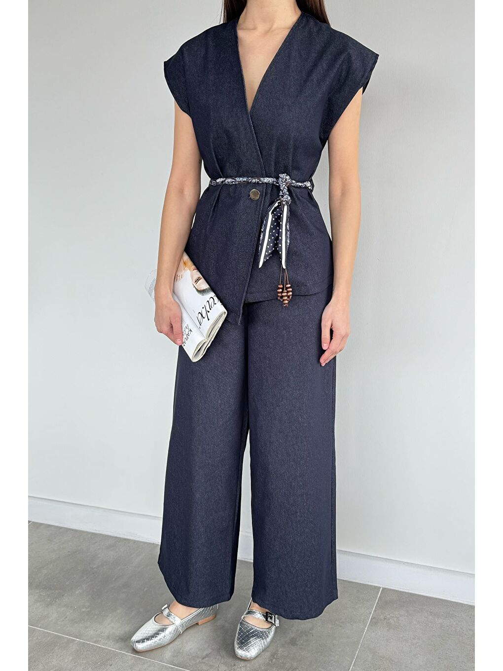 Lacivert Kadın Saten Kemerli Jean Jean Yelek Bel Lastikli Pantolon İkili Takım-1