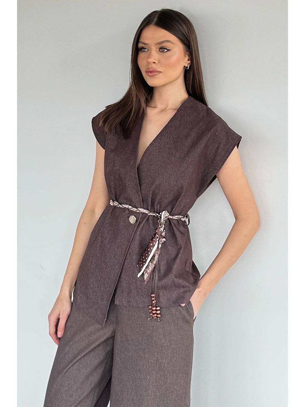 Kahverengi Kadın Saten Kemerli Jean Jean Yelek Bel Lastikli Pantolon İkili Takım-2