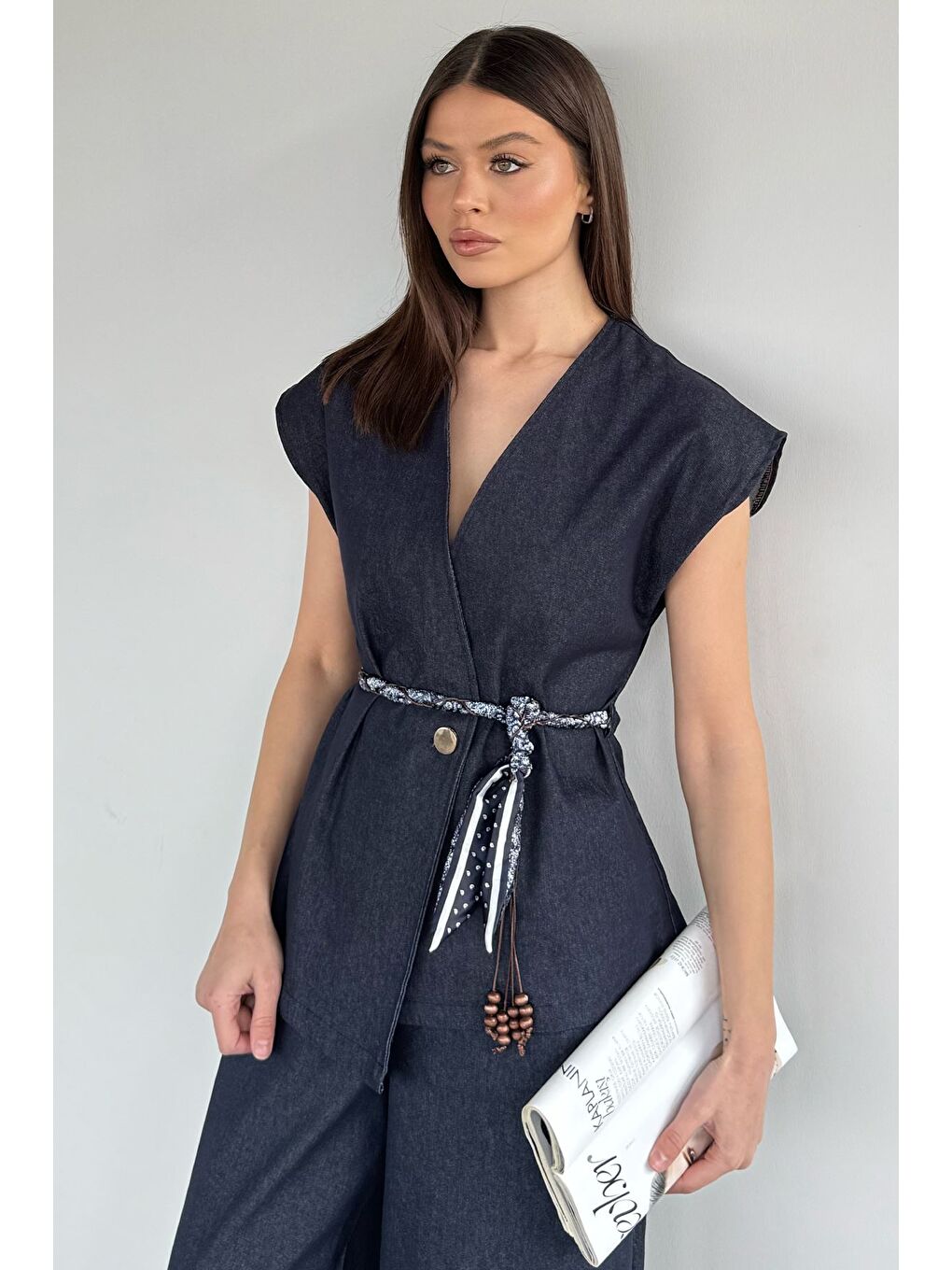 Lacivert Kadın Saten Kemerli Jean Jean Yelek Bel Lastikli Pantolon İkili Takım-2