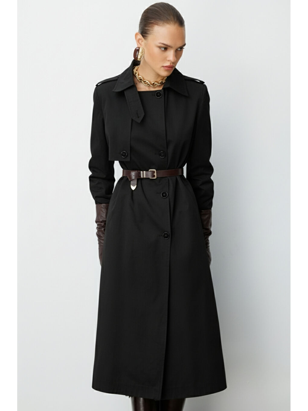 Siyah Apoletli Klasik Maxi Mac Trençkot