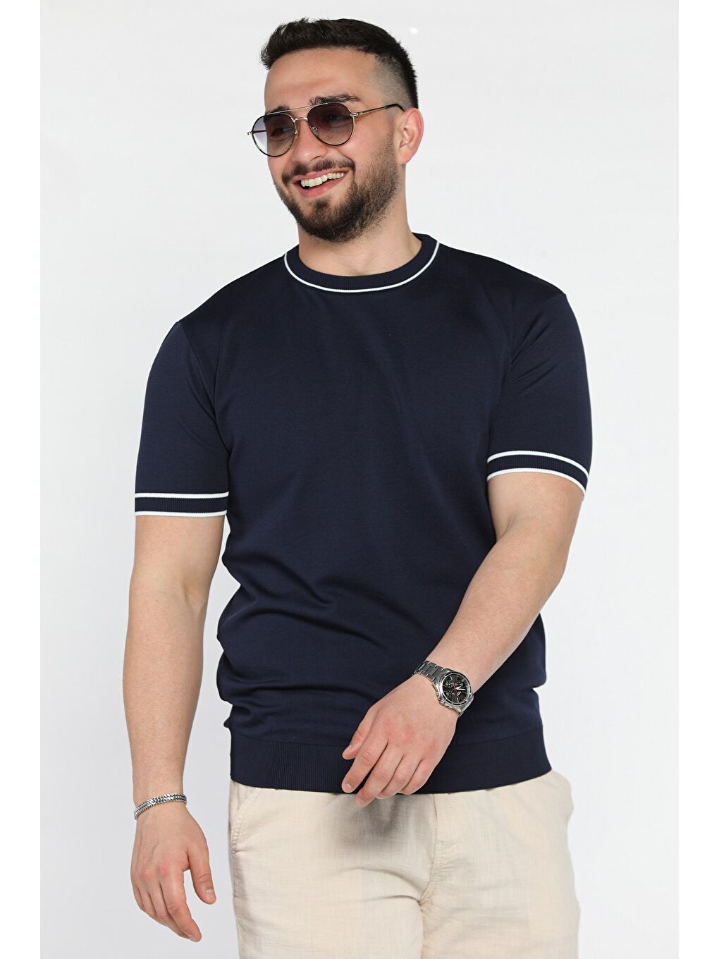 Lacivert Bisiklet Yaka Erkek Triko Tişört-1