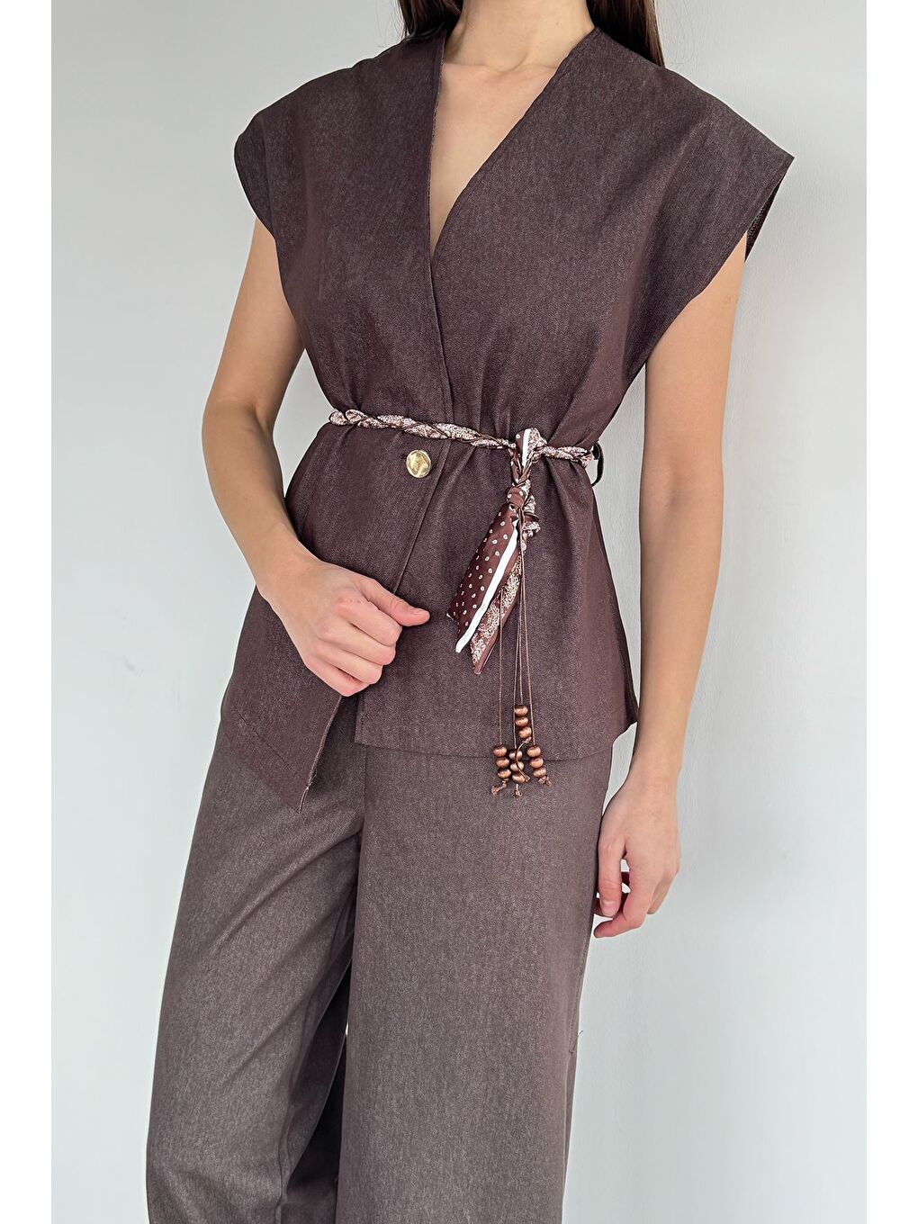 Kahverengi Kadın Saten Kemerli Jean Jean Yelek Bel Lastikli Pantolon İkili Takım-3