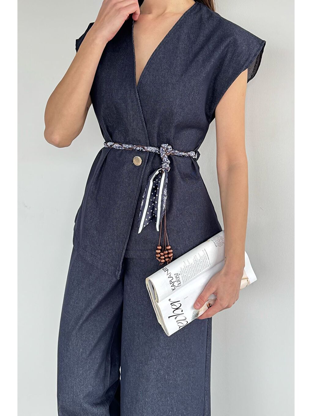 Lacivert Kadın Saten Kemerli Jean Jean Yelek Bel Lastikli Pantolon İkili Takım-3