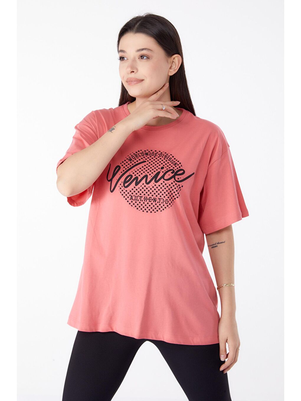 TOFİSA Pembe Düz Bisiklet Yaka Kadın Pembe Baskılı Kısa Kollu T-Shirt  - 25392