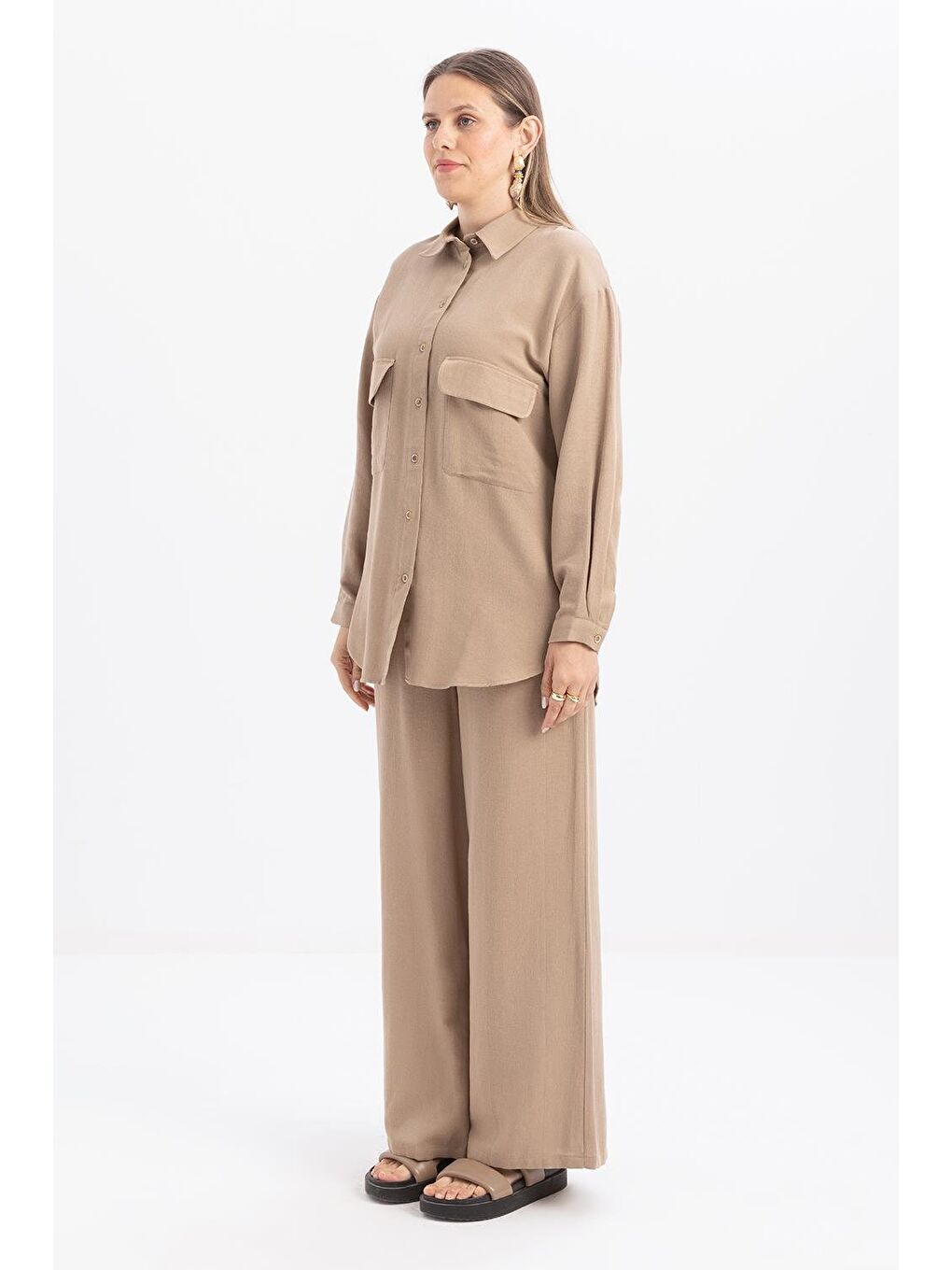 Bej Vizon-Büyük Cepli Keten Pantolonlu Takım-2