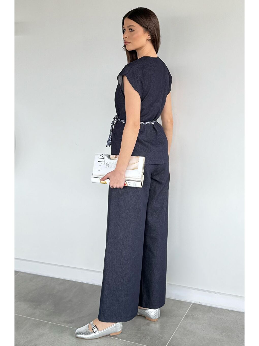 Lacivert Kadın Saten Kemerli Jean Jean Yelek Bel Lastikli Pantolon İkili Takım-4