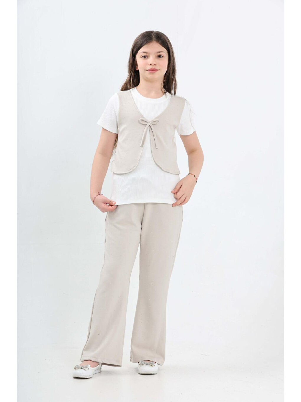 Ekru Kız Çocuk Taş Süslemeli ve Yelek Detaylı Alt -Üst Takım 7-12 Yaş 12572-2