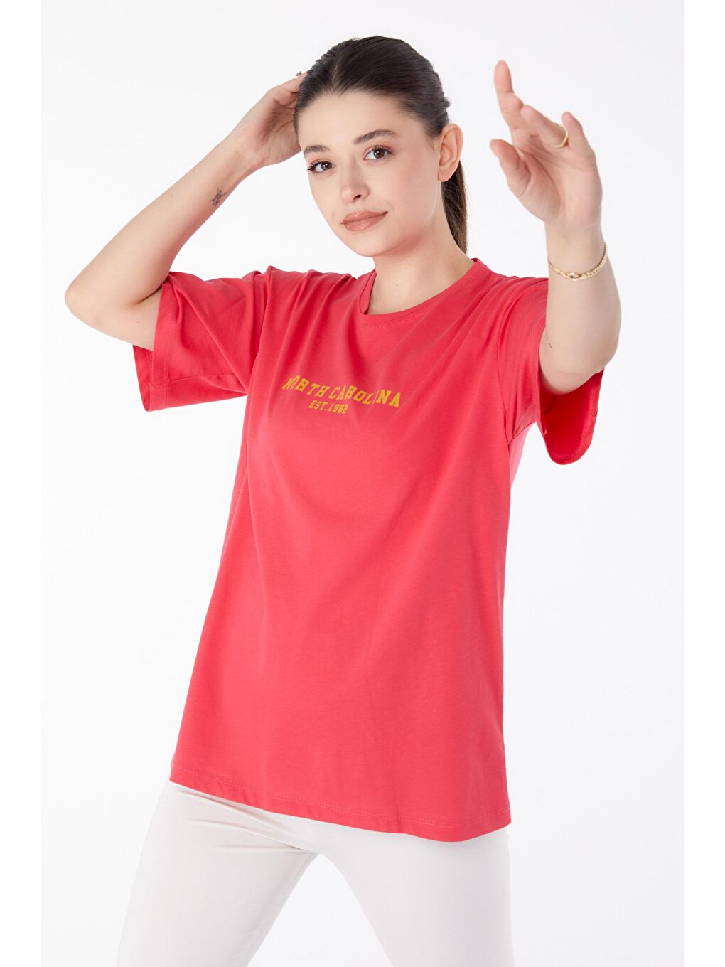 TOFİSA Düz Bisiklet Yaka Kadın Fuşya Baskılı Kısa Kollu T-Shirt  - 25400 - 2