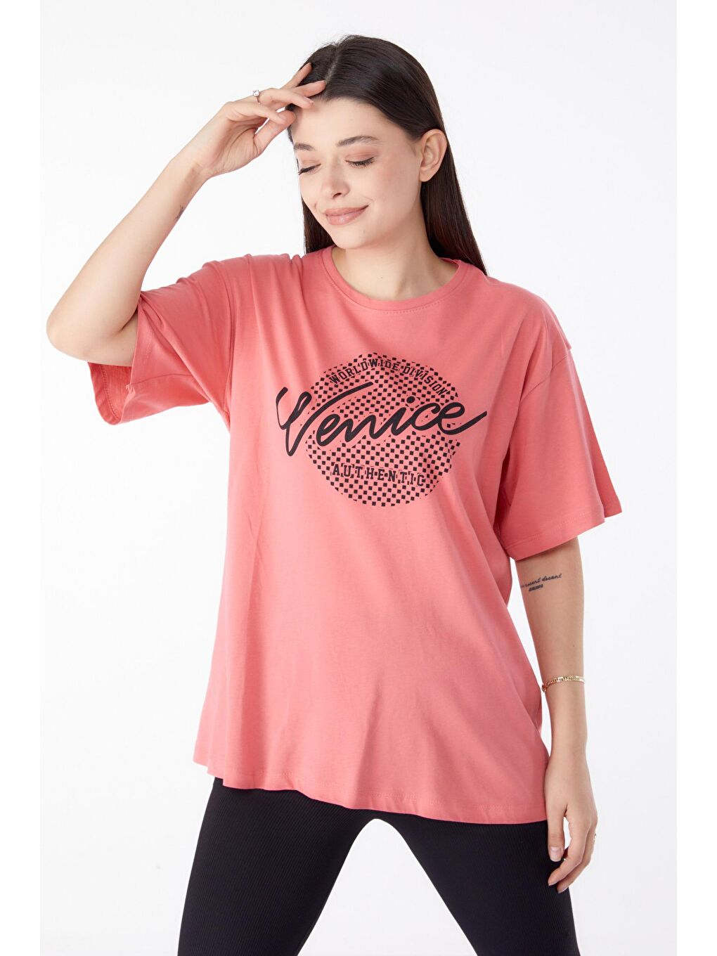 TOFİSA Pembe Düz Bisiklet Yaka Kadın Pembe Baskılı Kısa Kollu T-Shirt  - 25392 - 1