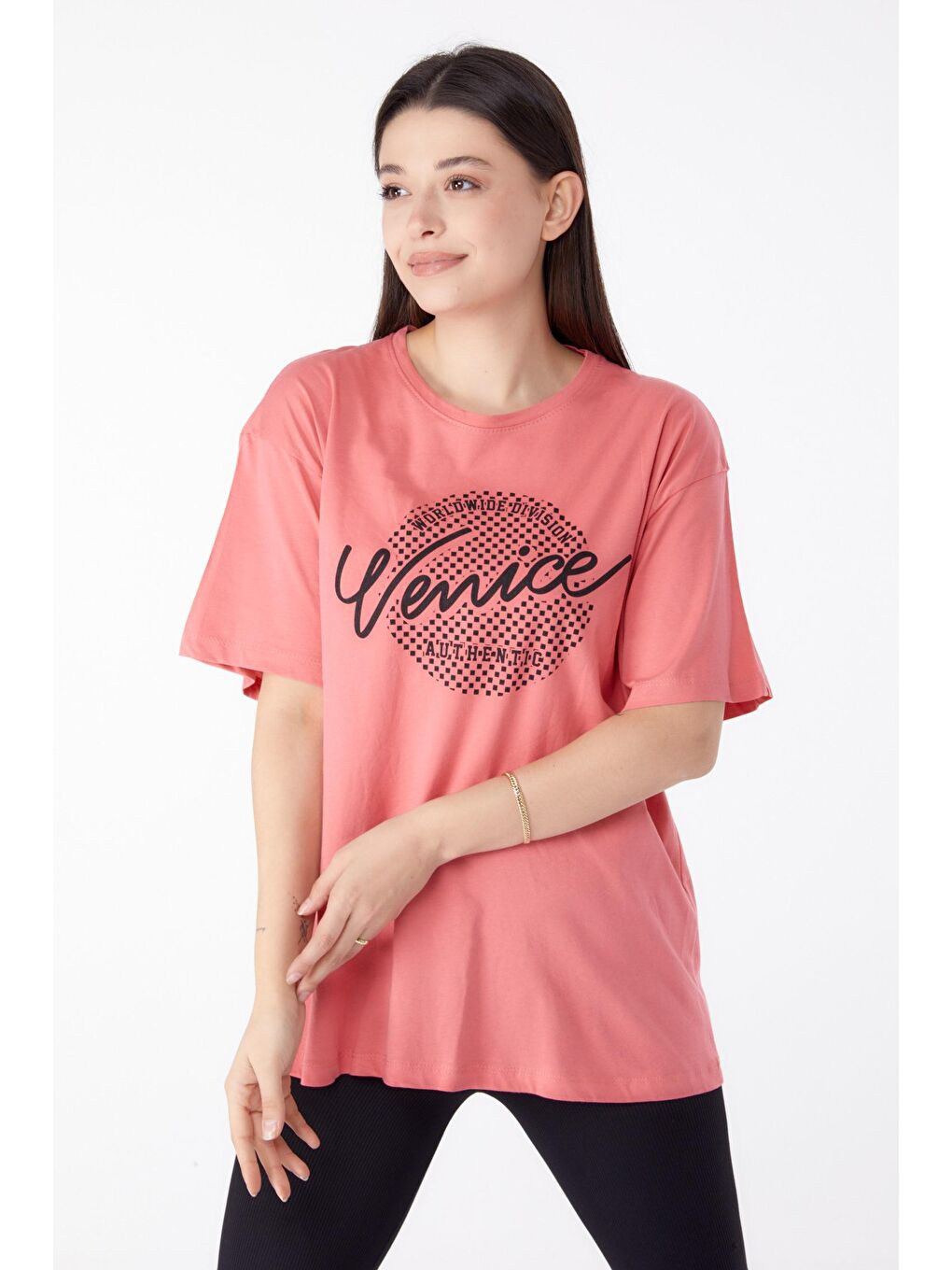 TOFİSA Pembe Düz Bisiklet Yaka Kadın Pembe Baskılı Kısa Kollu T-Shirt  - 25392 - 2