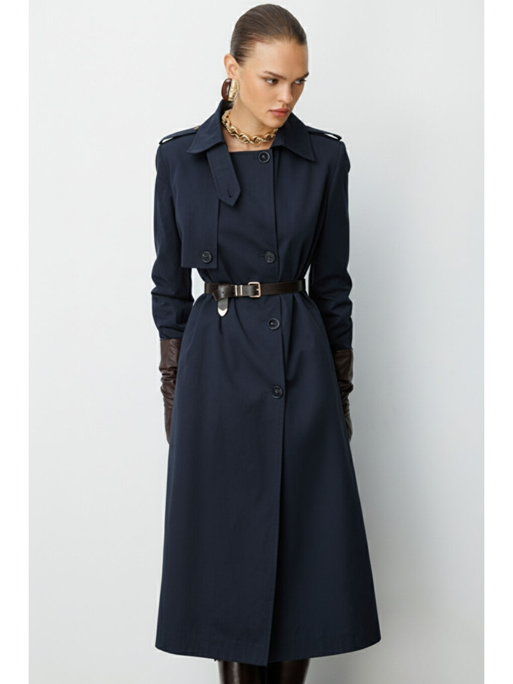 Lacivert Apoletli Klasik Maxi Mac Trençkot